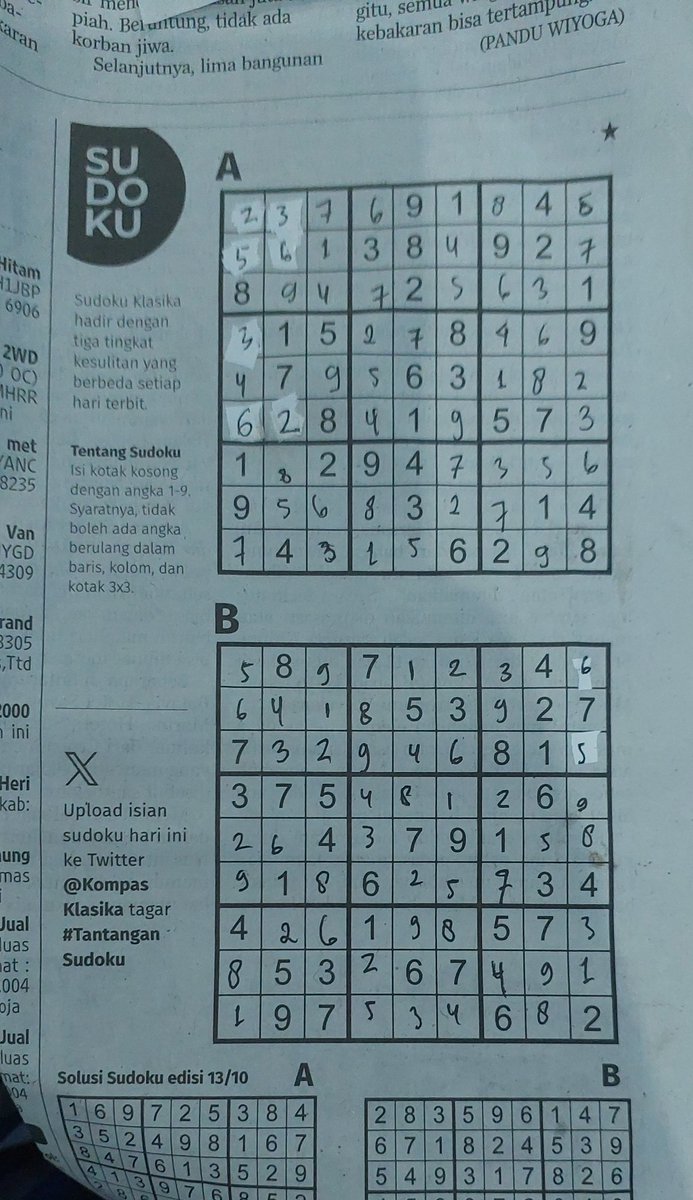 iaaros's tweet photo. asik @KompasKlasika #tantangansudoku https://t.co/ZXVnBvXKfS