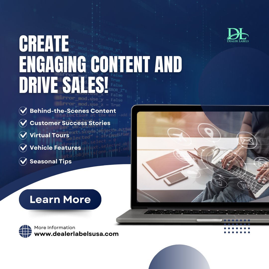 DealerLabels's tweet image. Looking to keep your audience engaged and attract more customers? Here are some content ideas perfect for auto dealerships:
1️⃣ Behind-the-Scenes Content
2️⃣ Customer Success Stories
3️⃣ Virtual Tours
4️⃣ Vehicle Features
5️⃣ Seasonal Tips
#AutoDealerships #BuyersGuides #dealerlabels
