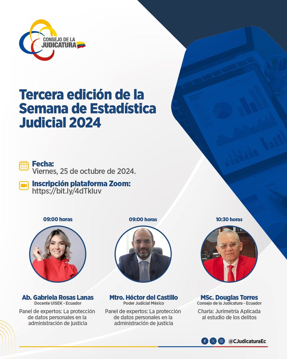 <a href="/FiscaliaEcuador/">Fiscalía Ecuador</a> <a href="/UJIuniversitat/">Universitat Jaume I</a> <a href="/fundapi/">Fundapi</a> 🗓 Viernes 25/10 - 09:00 y 10:30 horas
•Panel de expertos sobre protección de datos personales en la administración de justicia con:
oAb. Gabriela Rosas Lanas (Universidad Internacional SEK, Ecuador)
oMtro. Héctor del Castillo (Consejo de la Judicatura Federal, México)
•MSc.