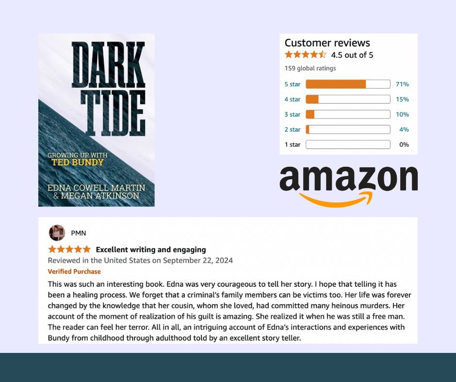 ⭐ "Edna was very courageous to tell her story... The reader can feel her terror." – 5-star review for Dark Tide: Growing Up with Ted Bundy.

Get your copy today and experience Edna’s deeply personal journey. 💔
👉 amzn.to/3Taz1TY

#TrueCrime #TedBundy #5StarReview