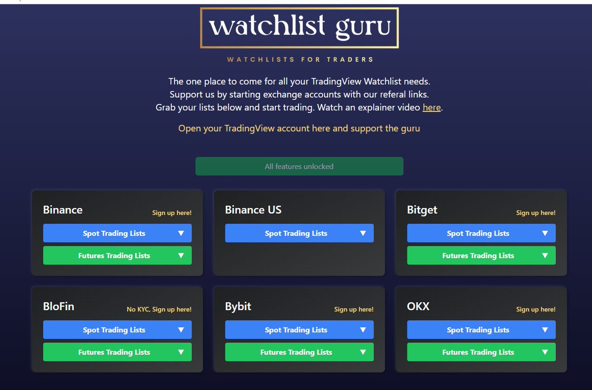 TraderCobb's tweet photo. Do you trade crypto using @tradingview charts?

Do you have a central place to download all the contracts your exchange lists so you can easily scan those markets?

Well now you do!

Introducing https://t.co/cOZDhmSvpB your one stop crypto watchlist shop that is built for traders by traders and is completely FREE!

So help me get the word out to the trading world that we have made it easy. Please retweet and tag your favorite influencers, trading groups and exchanges that you would like to see listed here.

Help us make watchlists great again!

@bitgetglobal @BloFin_Official @okx @binance @cz_binance @Bybit_Official @TheCryptoLark @TheCryptoDog @CryptoCapo_ @Coachkcrypto @kylechasse @PeterLBrandt @CryptoKaleo @crypto_birb

#altcoins #ethereum #ethetf #eth $eth #memecoin #Memes #PEPE #dogecoin #Solana #avax $AMPL $SPOT $FORTH $wAMPL #AMPL #SPOT #DeFi $LUNC $BTC #Bitcoin