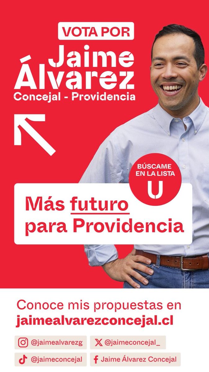 A las vecinas/os de Providencia Kos invito a votar por Jaime Álvarez (U303) como Concejal @jaimeconcejal_ y les dejo 5 razones para elegirlo.

1. Tiene energía y ganas para darle un nuevo impulso al Concejo de Providencia y escuchar a los vecinos y vecinas de la comuna.