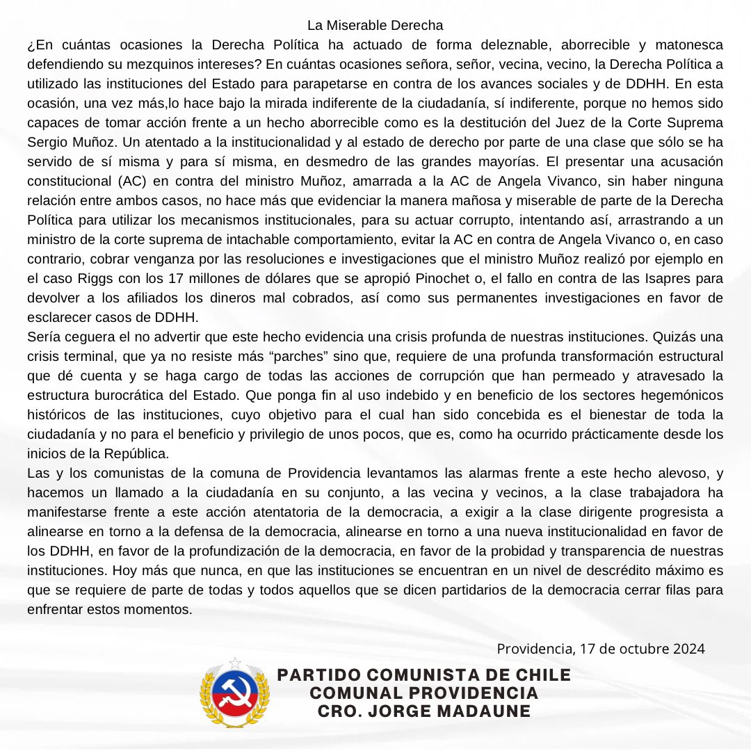 providencia_pc's tweet photo. Declaración del Partido Comunista de Providencia :
La miserable derecha y su eterno actuar
#AcusaciónConstitucional https://t.co/AKA0NTbwCc