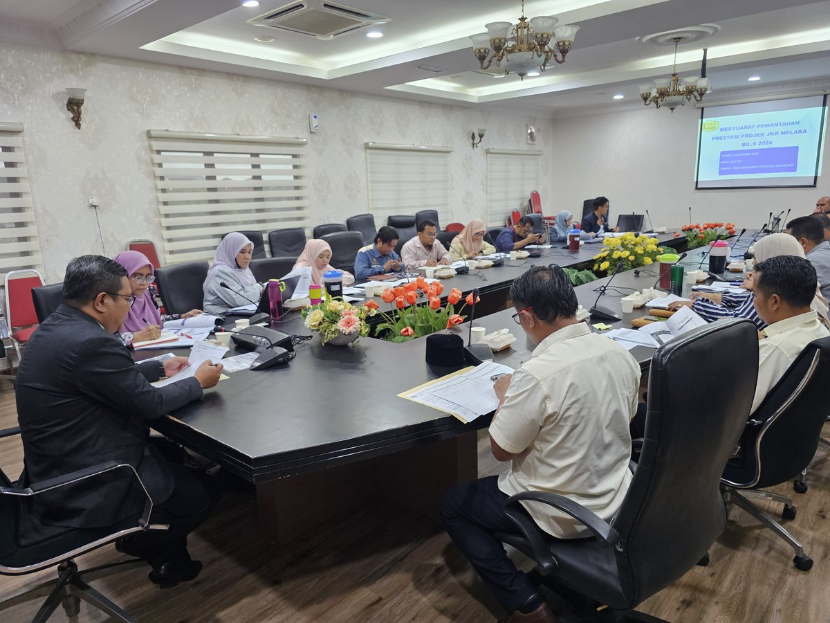 Pengarah Kerja Raya Melaka Tuan Ir. Hj. Mohamad Salzeli bin Moktar mempengerusikan Mesyuarat Pemantauan Prestasi Projek JKR Melaka Bil. 9/2024 di Bilik Mesyuarat Struktur.