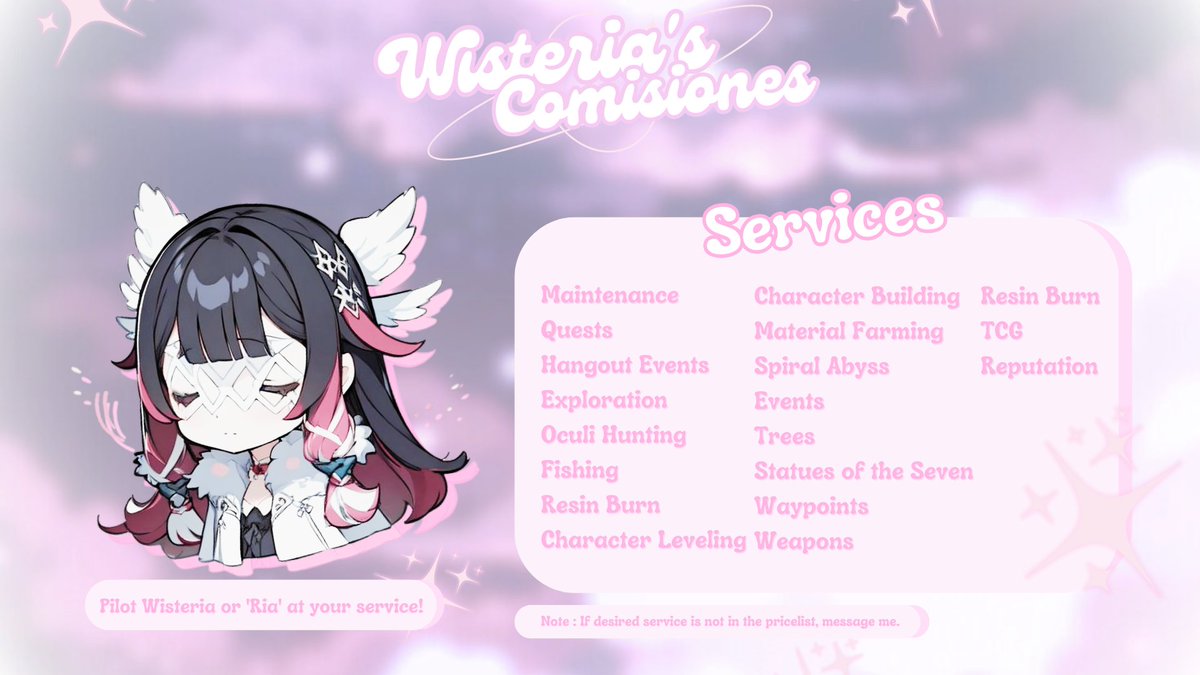 ࣪˖ ִ𐙚 GENSHIN PILOT SERVICES ...✦

⤷ Are you drained, tired, busy, or don't have the energy to play Genshin Impact? No worries ! Pilot “ 𝘞𝘪𝘴𝘵𝘦𝘳𝘪𝘢 ” or simply, “ 𝘙𝘪𝘢 ” will handle it for you !

⤷ Click this thread and read the words below carefully !
#genshinpilot