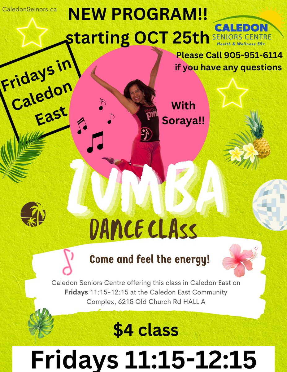 Zumba on FRIDAYS in Caledon East!!!  11:15-12:15, bring your water bottle 💦

$4 program fee, membership with the Caledon Seniors Centre is free. 

Join us….

If you have any questions please send us a DM or call 905-951-6114
#zumba #caledoneast #caledonseniors #caledon