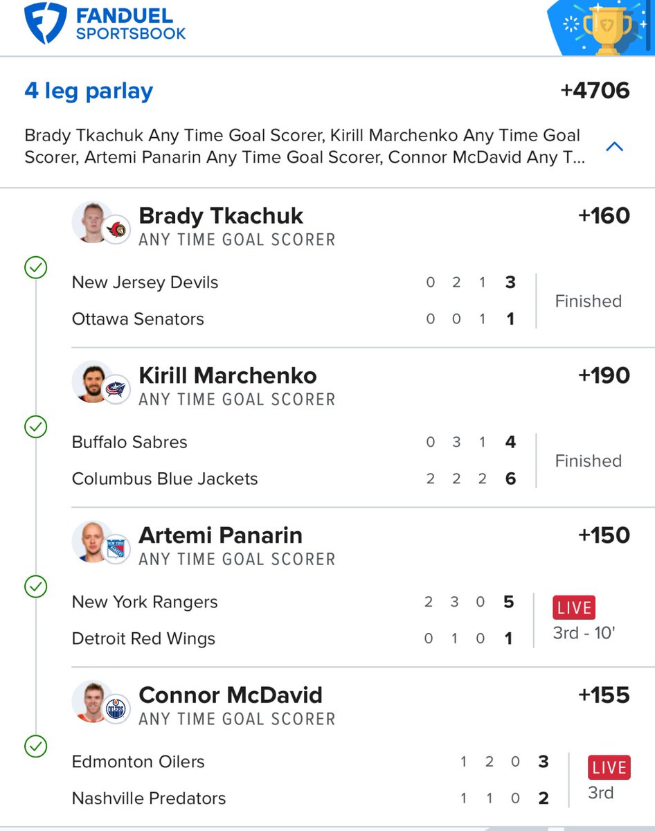 NO WAY WE JUST DID THAT AGAIN!!!

BANGGGGGGGG +4706 ✅

Connor McDavid Anytime Goal Scorer +155 ✅
Brady Tkachuk Anytime Goal Scorer +160 ✅
Kirill Marchenko Anytime Goal Scorer +190 ✅
Artemi Panarin Anytime Goal Scorer +150 ✅

ARE YOU NOT ENTERTAINED 🕺🏻