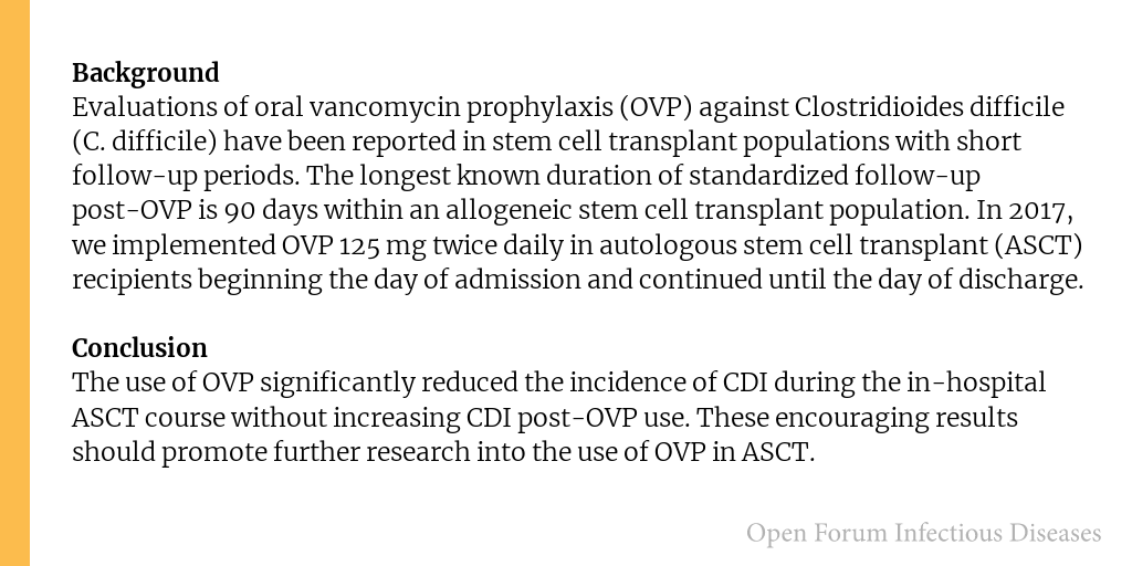 Open Forum Infectious Diseases (@ofidjournal) on Twitter photo Evaluation of primary oral vancomycin prophylaxis against C. difficile infection during autologous stem cell transplantation
✅ Just Accepted
✍️ <a href="/MW_BMT_Pharm/">Michael Williams</a>
🔗 bit.ly/3YrpLO2 Evaluation of primary oral vancomycin prophylaxis against C. difficile infection during autologous stem cell transplantation
✅ Just Accepted
✍️ <a href="/MW_BMT_Pharm/">Michael Williams</a>
🔗 bit.ly/3YrpLO2
