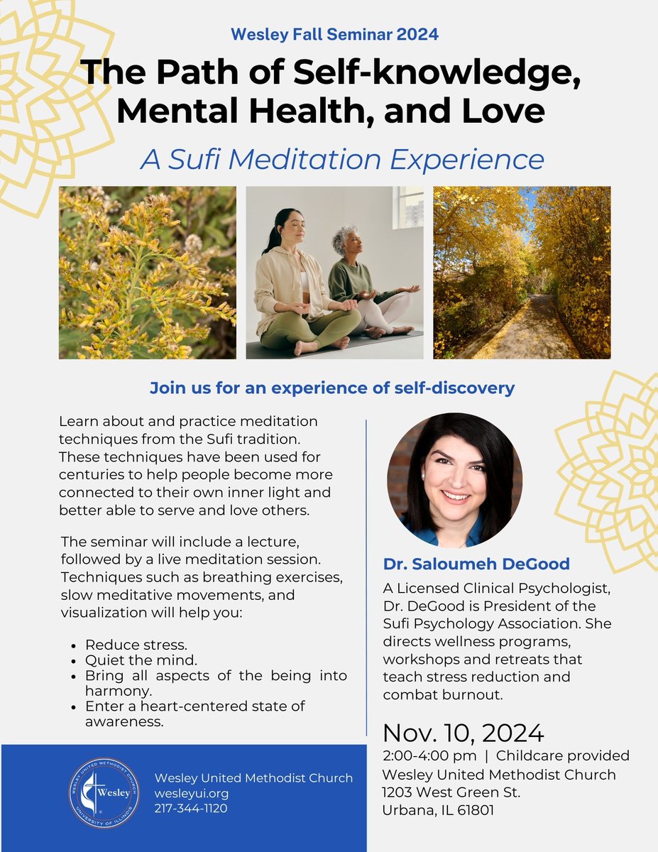 Dear all in Champaign-Urbana, come and treat your Self! I cannot recommend this event enough. Provided by <a href="/tamarkozapp/">M.T.O. Tamarkoz Association</a>, @sufipsychology and <a href="/wesleyuiuc/">WesleyStudentCenter</a>. #meditation, #Awareness, #healing, #interfaith, #Sufism