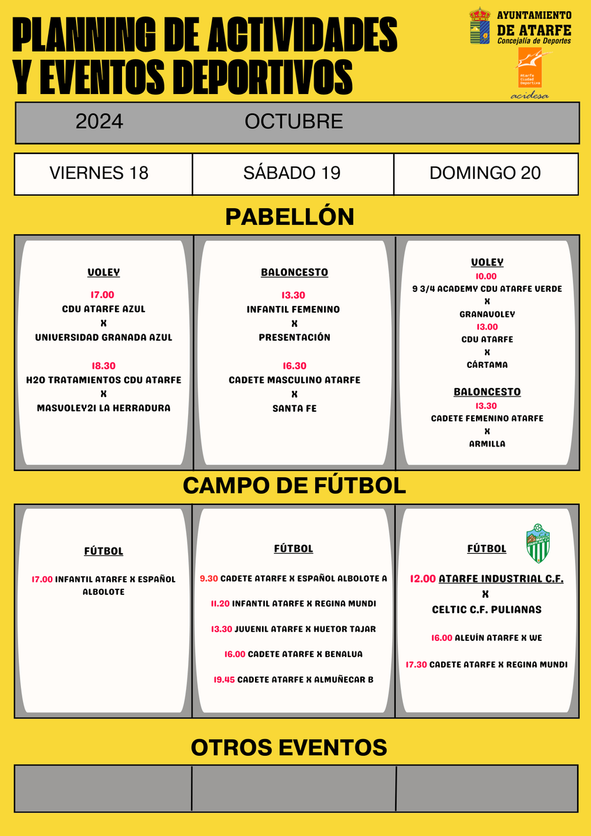 Planning de Actividades y Eventos Deportivos en nuestras instalaciones en la semana del 18-19-20 de Octubre