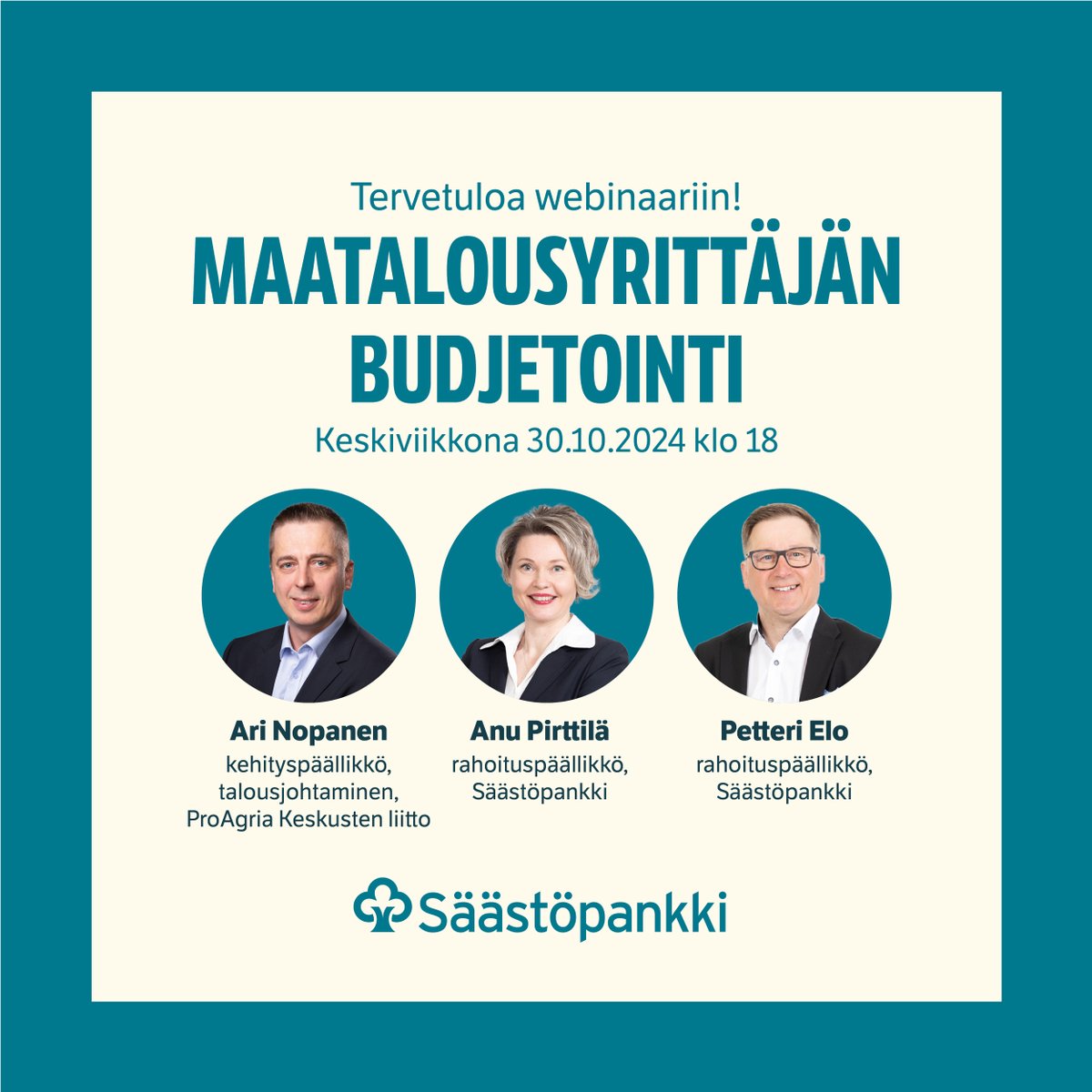 Saastopankki's tweet photo. #Webinaari Maatalousyrittäjän budjetointi 30.10. 🧑‍🌾

#Budjetointi toimii maatilayrityksen rahamääräisenä toimintasuunnitelmana ja auttaa seuraamaan maksuvalmiutta, kannattavuutta ja vakavaraisuutta. Tule kuulemaan vinkit: https://t.co/Ez1fuR8rRG

#Säästöpankki #Maatalous https://t.co/j7zNGn0NUo