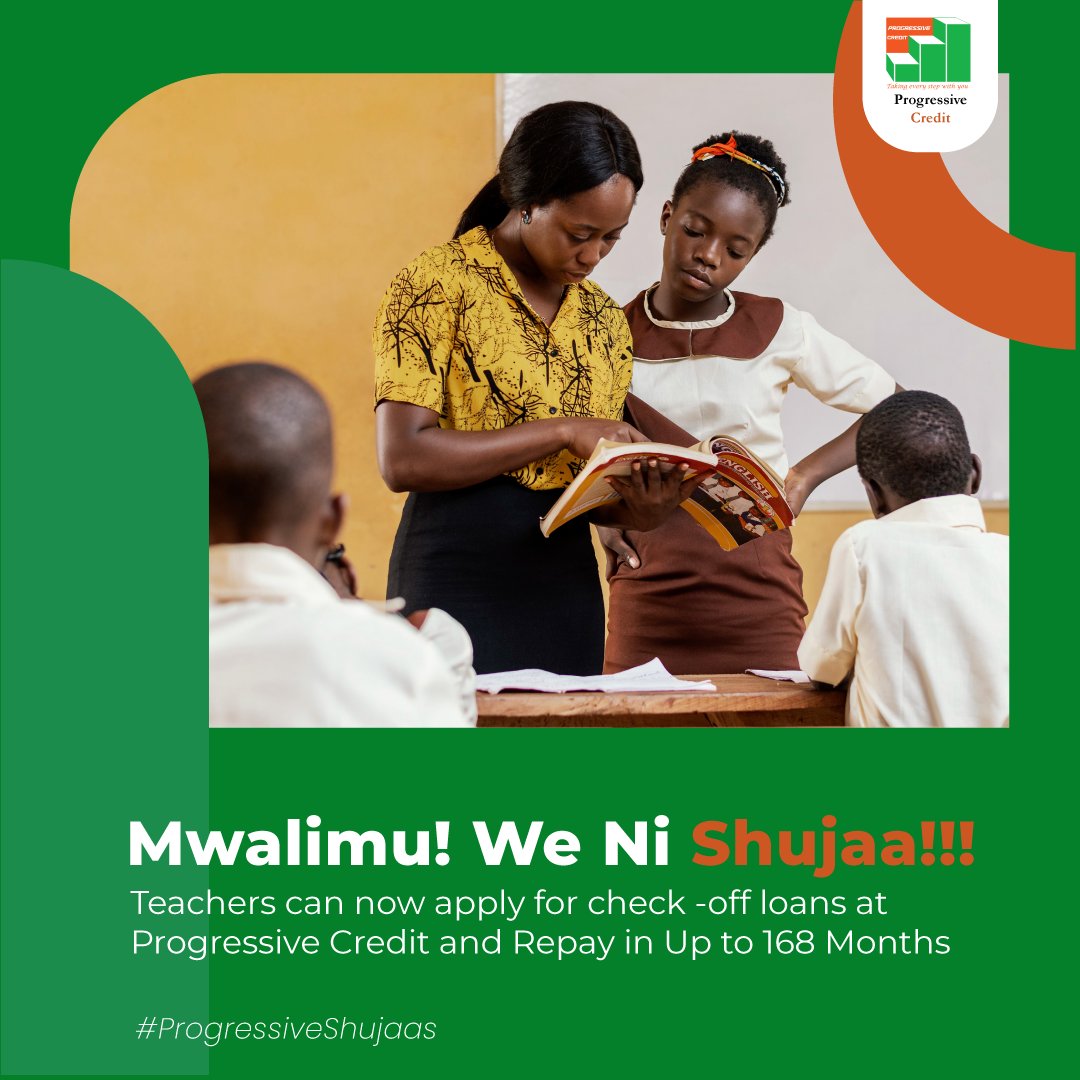 progressivecrke's tweet photo. As we approach Mashujaa Day, we want to recognize all our teachers! Mwalimu ni shujaa! Teachers can now apply for quick and flexible check-off loans and repay in up to 168 months.
Apply today: Call 0700600900 or visit https://t.co/0aJMw2pkNe
#CheckOffLoans #ProgressiveCredit https://t.co/oJ2hCOZMFE