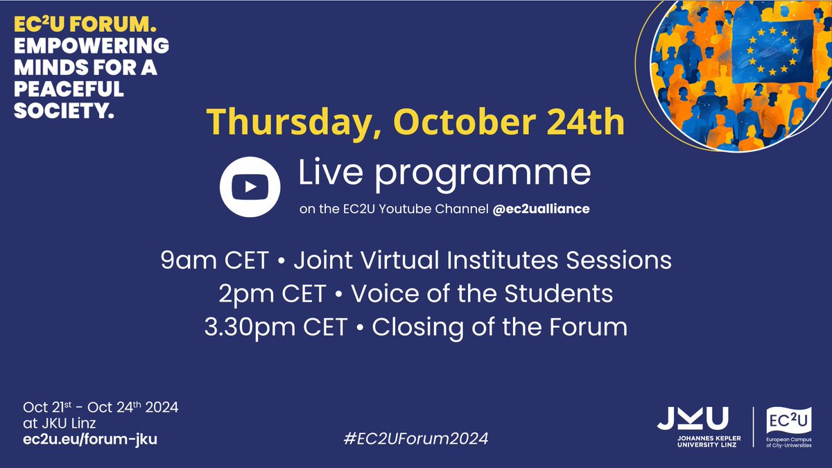 🎉It’s the final day of #EC2UForum2024! Tune in at 9am to explore EC2U Virtual Institutes &amp; new research areas. At 2pm, don’t miss the “Voice of Students” presentations!🎤
Join the live-stream here👉 youtube.com/channel/UCuCsm…