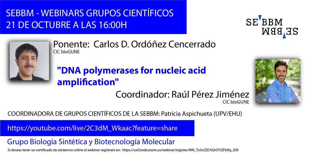🗓️El lunes "Webinar del grupo Biotecnología Sintética y Biotecnológica Molecular" coordinado por Raúl Pérez y Patricia Aspichueta #gruposcientíficossebbm 
🗣️Carlos D. Ordóñez Cencerrado
✍️ i.mtr.cool/ncrsogkgvx
▶️ Síguelo en directo: i.mtr.cool/jplsrmncru