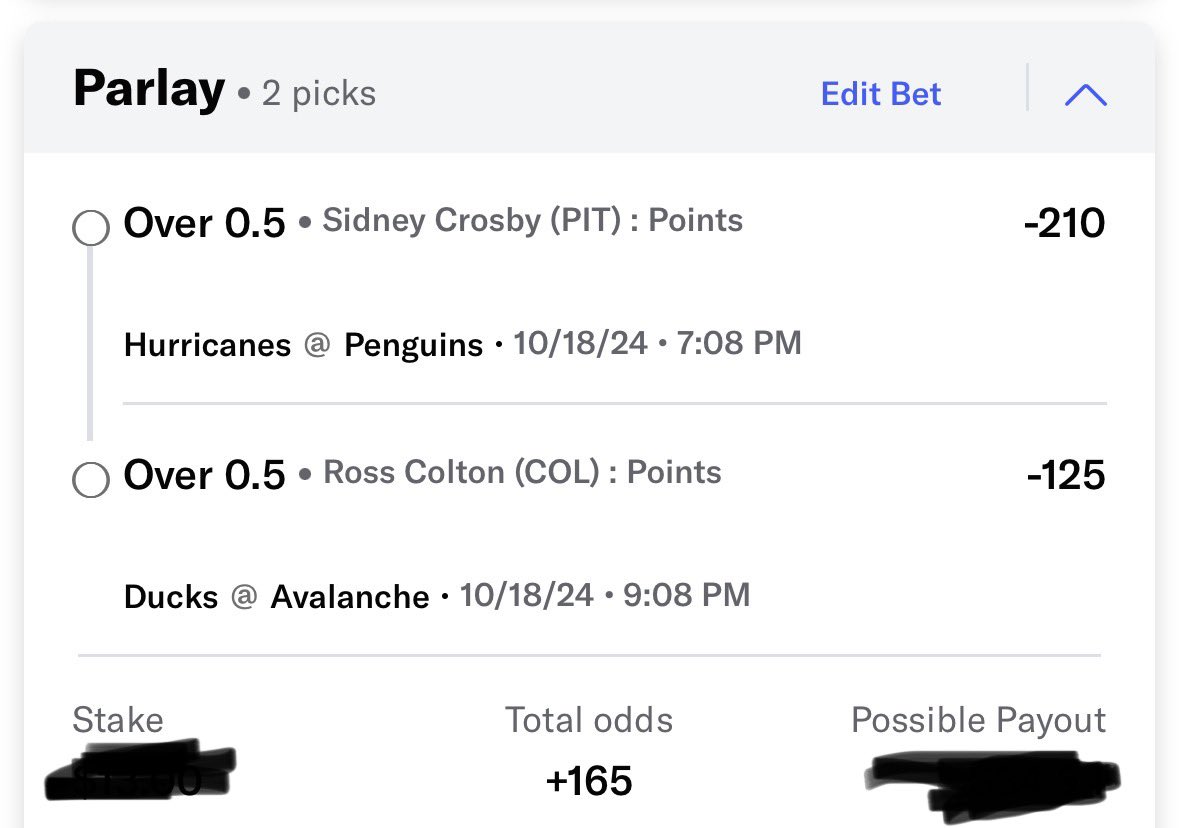 🏒NHL POTD 10/18🏒
🐧 Sidney Crosby 1+ Point 
- cleared this line in 5 straight home games vs CAR 
🏔️Ross Colton 1+ Point 
- cleared this line 6/7 H2H vs ANA 
- parlayed together comes out to +165 #BetMGM 
.75units