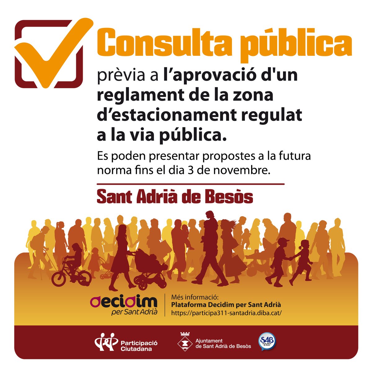 Consulta pública prèvia a l'aprovació d'un reglament de la zona d’estacionament regulat a la via pública. — Ajuntament de Sant Adrià de Besòs sant-adria.cat/sant-adria-per… 
🗓️ del 18 d'octubre al 3 de novembre podeu fer les vostres propostes
@SAB <a href="/FcoVargas_/">Francisco Vargas</a>