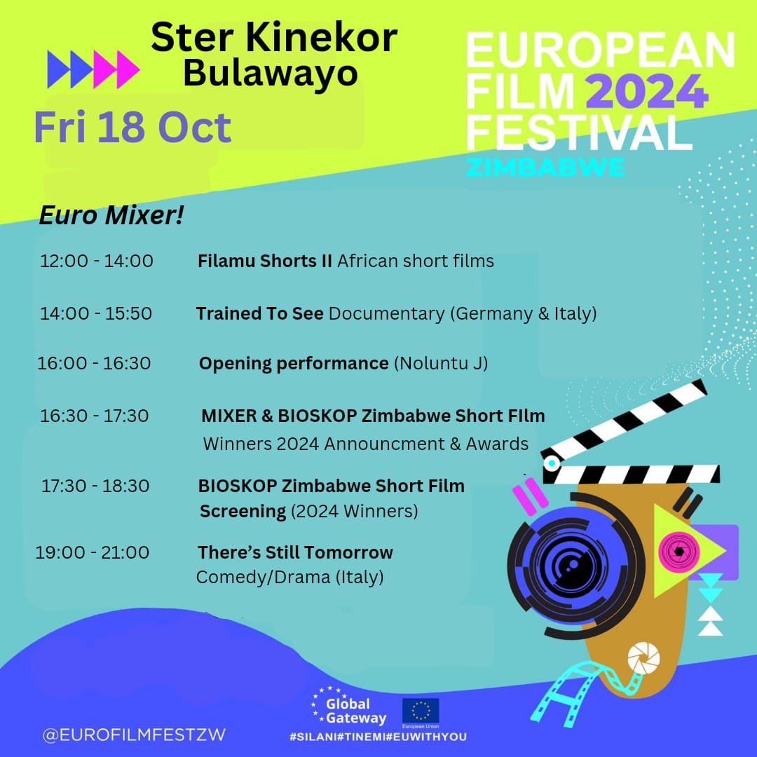 AsaphAfrika's tweet photo. Good Morning Bulawayo 💙 This is today’s program for the @EuroFilmFestZW 🎥🥳
Hope to see you there!
#EuroFilmFestivalZW #euinzim🇪🇺🇿🇼 #EUWithU #SilaniTinemi https://t.co/hr7HfT6yrQ
