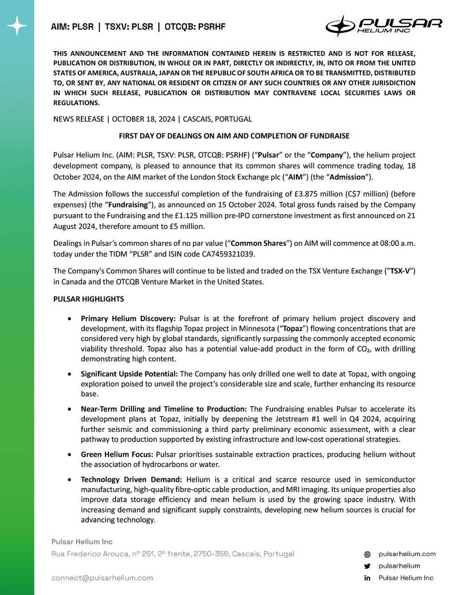 Pulsar Helium (TSXV: PLSR) tweet media