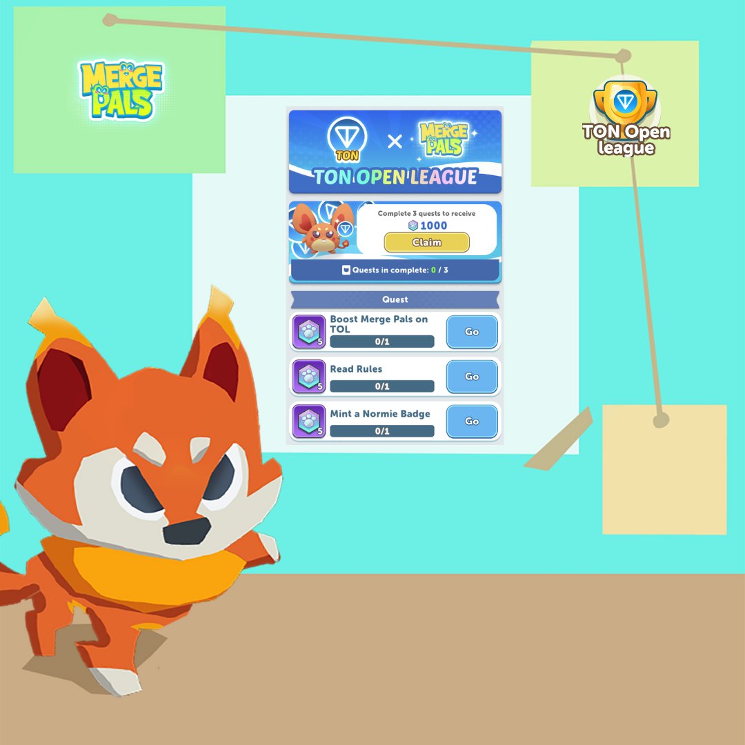 MergePals's tweet photo. The Open League is back, and your progress is locked in! 🦊🐾🐾

Step 1: Mint your Normie Badge (https://t.co/Vt4w2LiP9w) to get started. 🛡

Step 2: Complete transactions in Merge Pals (https://t.co/XMMuWtW9Au)

Step 3: Participate in DeFi actions to boost your Normie score and rankings! 📈 Here's are some examples:

✅ Provide liquidity on @dedust_io, @ston_fi, @storm_trade_ton, @bemo_fi, or @tonstakers.
✅ Borrow on @evaaprotocol. 💰
✅ Trade on DeDust, https://t.co/eWSu65oWeq, or Storm Trade. 💹

By doing this, you not only help Merge Pals rise on the TOL App leaderboard, but you can also earn up to 1,000 PALs from our ingame event, plus a chance to win a share of the $1,000,000 airdrop pool from The Open League! 🎁🏅