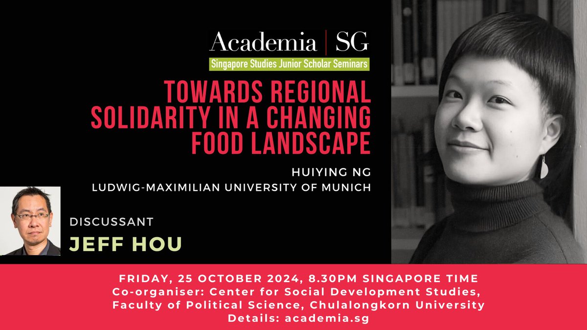[25 Oct 2024; 8:30 SGN time] Huiying Ng will present research on the #SoutheastAsian food systems Singapore is intertwined with, for people involved in planning, organising, and researching food systems that nourish ecological and social well-being.
Visit academia.sg