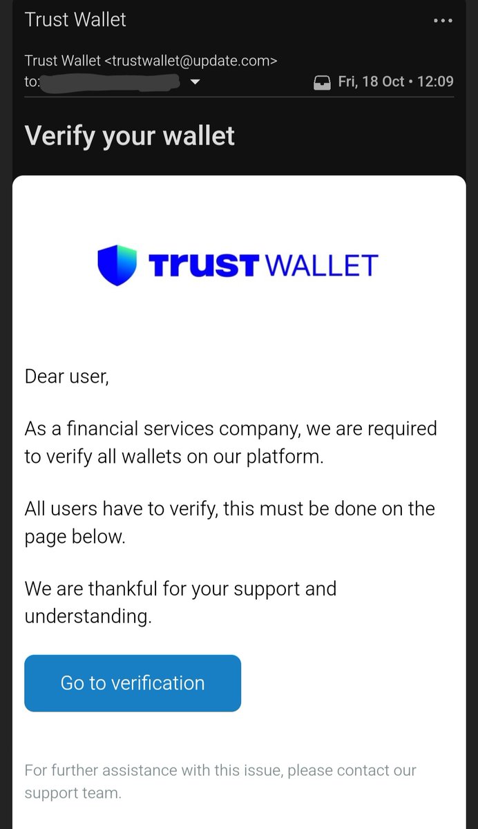 _elSolus's tweet photo. Fake emails want you to verify your #TrustWallet and #Ledger by signing in with the secret phrase. #Crypto #Phishing #Alert https://t.co/fwVxSBKMdp