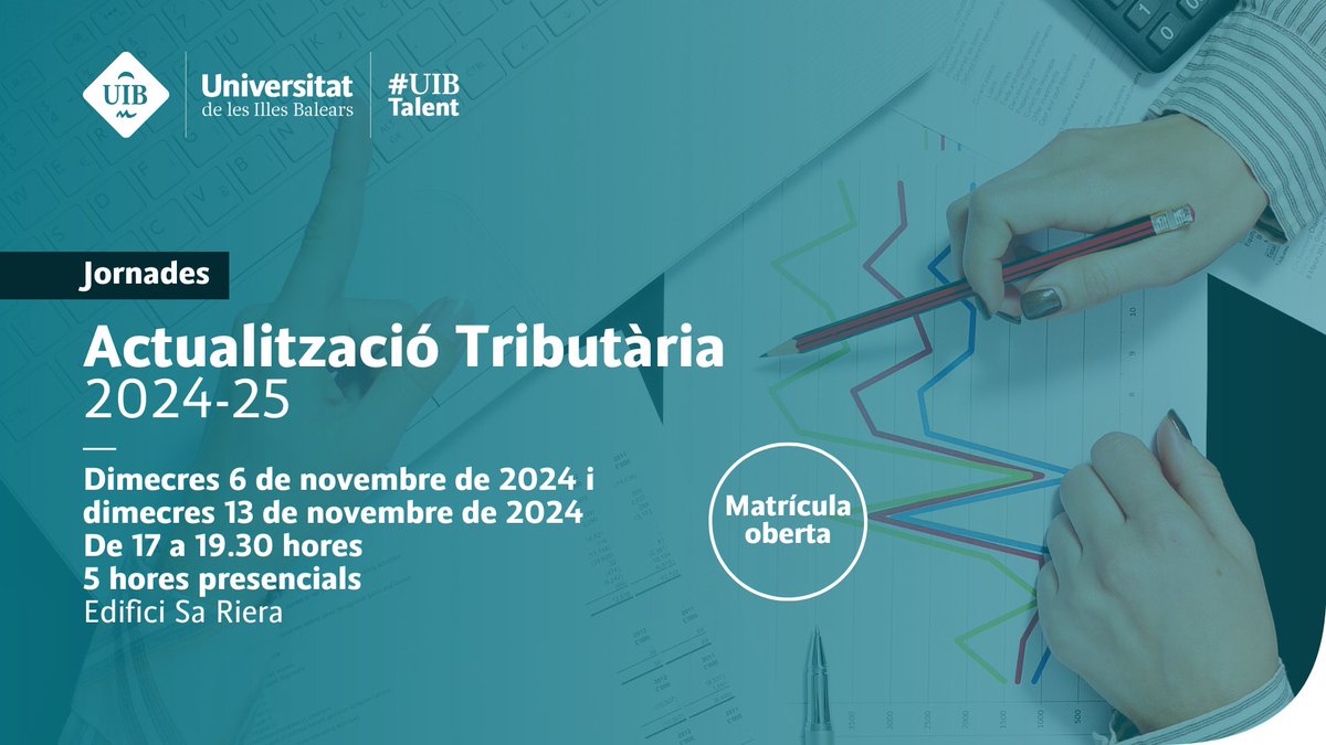📊 VIII Jornades d'Actualització Tributària 2024-25
📅 6 i 13 de novembre | Analitza les novetats fiscals i prepara't per al tancament de l'exercici 2024!
🗓 Matrícula oberta fins al 03/10/24
📍 Edifici Sa Riera, Palma 🔗 fueib.org/curs/tributs
#UIBTalent #Networking #uib #fueib
