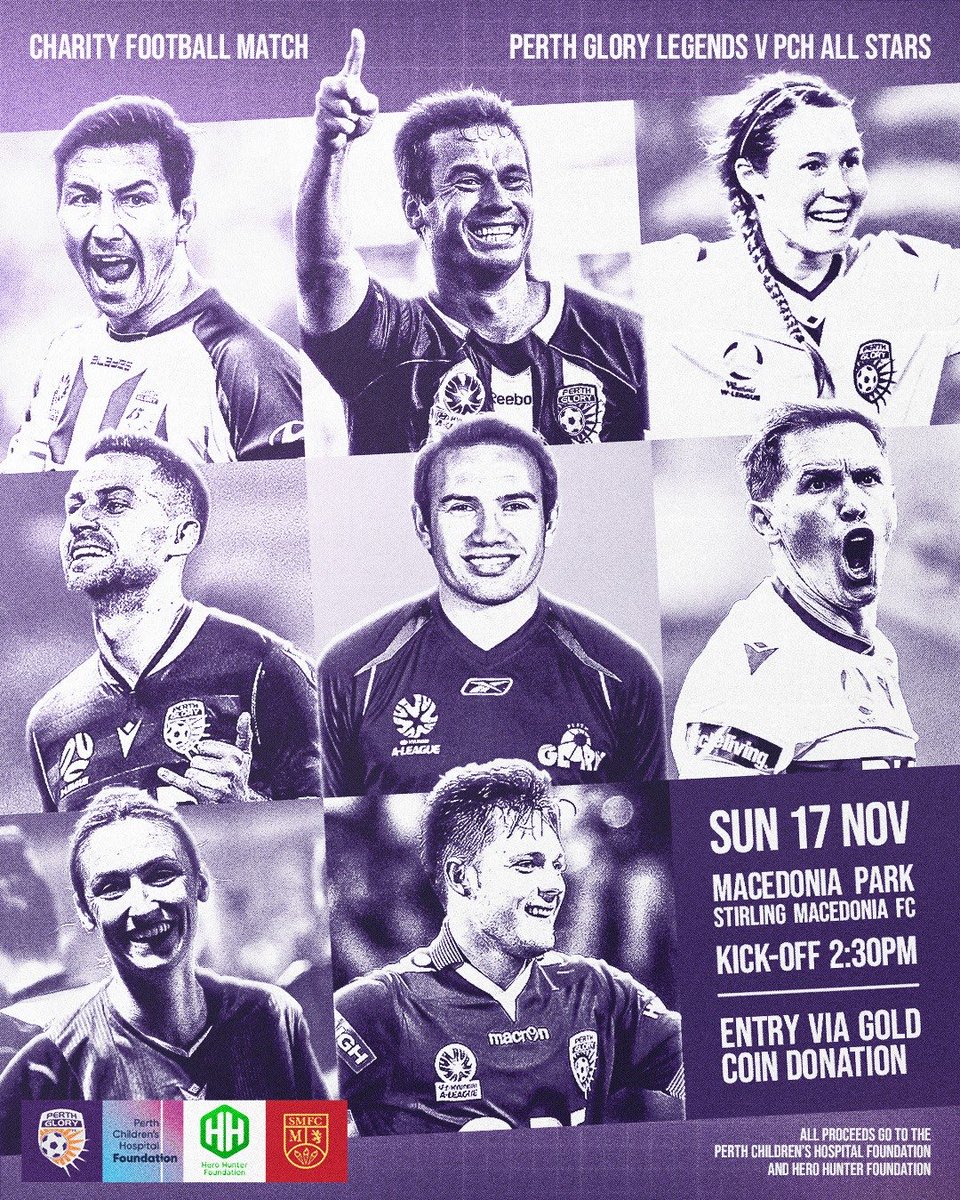The ⁦<a href="/PerthGloryFC/">Perth Glory FC</a>⁩ Legends Charity Match is back for 2024!
Your Glory favourites rolling back the years in aid of two amazing causes - ⁦⁦<a href="/PCHFWA/">Perth Children's Hospital Foundation</a>⁩ and Hero Hunter Foundation. 
More details to follow…
⁦<a href="/aleaguemen/">Isuzu UTE A-League</a>⁩ ⁦<a href="/aleaguewomen/">Ninja A-League</a>⁩ ⁦<a href="/FootballWest/">Football West</a>⁩