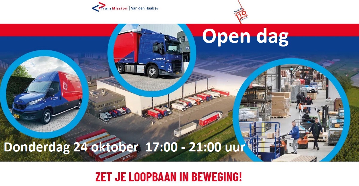 Uitproberen of werken in de logistiek iets voor je is? Van chauffeur tot logistiek expert! Kom naar de open dag op 24 oktober bij Van den Haak
in Geldermalsen! Geen aanmelding nodig - loop gewoon binnen. Zij zorgen voor drankjes en warme hapjes. Kijk op: obi41.nl/5n7j28bs