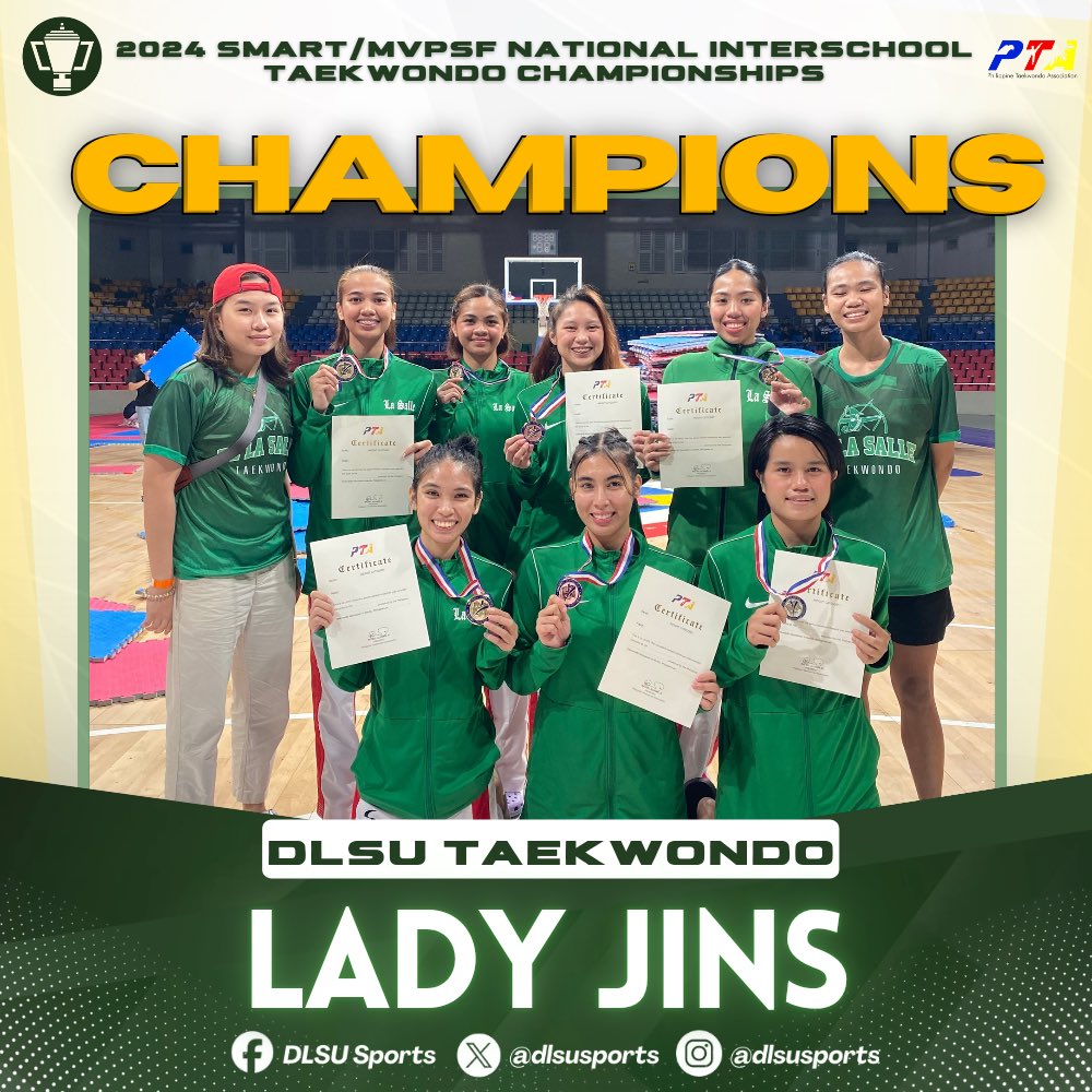 dlsusports's tweet photo. CHAMPION JINS 🧬🤩

Congratulations to the DLSU Green and Lady Jins for being the Champions in the Smart/MVPSF National Interschool Taekwondo Championships! 🥋

The Lasallian Community is so proud of your accomplishments! Animo La Salle! 💚

#GoLaSalle #AnimoLaSalle #DLSUSports https://t.co/1NMwxcrbf2