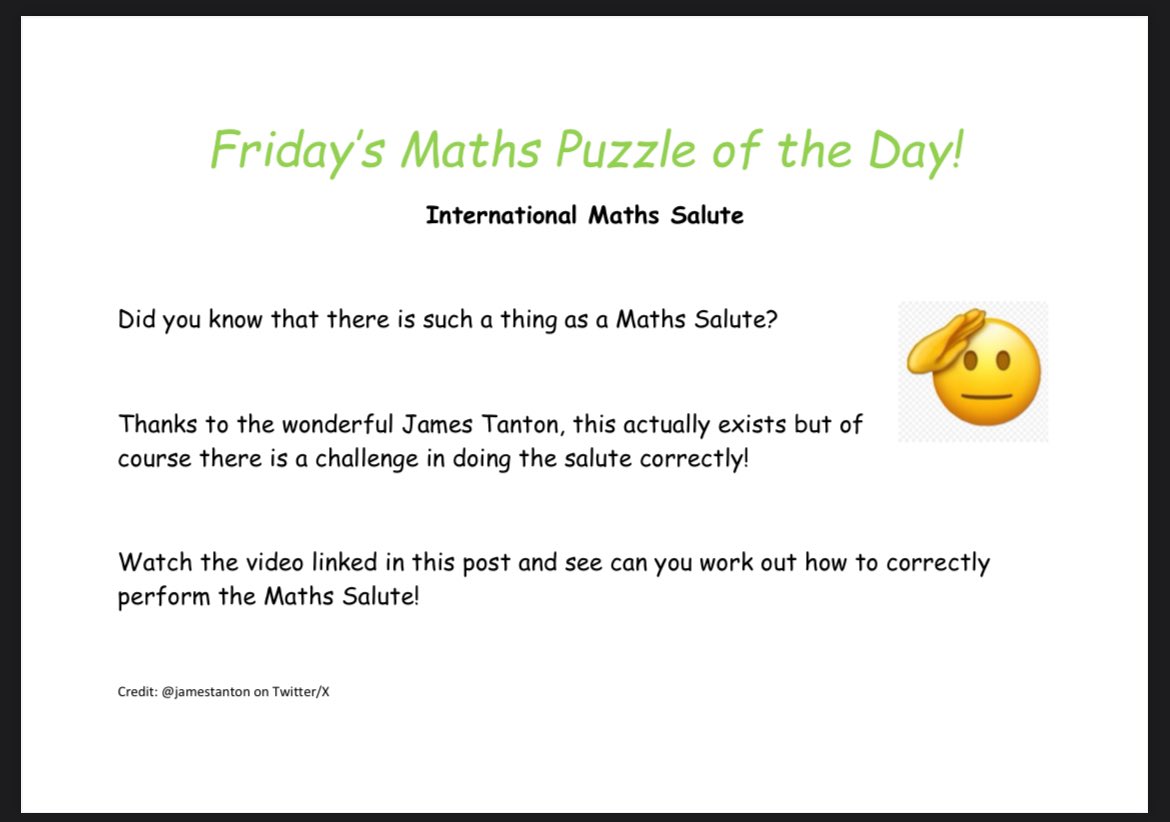 Paul Timmins (@paultimmins2) on Twitter photo 🌟 Friday’s Puzzle of the Day 🌟
Thanks to everyone for the enthusiasm with the puzzles this week for Maths Week! 👏
The final puzzle/challenge of the week is a lovely one from <a href="/jamestanton/">James Tanton</a> called the ‘Maths Salute’.
This video explains the task: youtu.be/vh5-U37UWWU 🌟 Friday’s Puzzle of the Day 🌟
Thanks to everyone for the enthusiasm with the puzzles this week for Maths Week! 👏
The final puzzle/challenge of the week is a lovely one from <a href="/jamestanton/">James Tanton</a> called the ‘Maths Salute’.
This video explains the task: youtu.be/vh5-U37UWWU