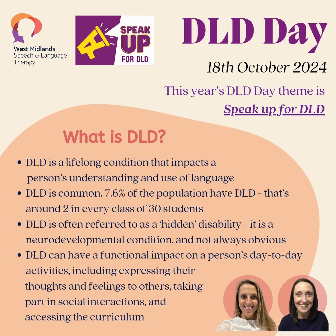 West Midlands Speech & Language Therapy (@wmislt2) on Twitter photo Today is #DLDDay!
📢 Like, comment, share posts today to get the word out about DLD! Check out posts from <a href="/RADLDcam/">RADLDcampaign</a> <a href="/KateStarrPSS/">Kate Starr (she/her)</a> <a href="/NAPLIC/">NAPLIC</a> <a href="/WMISLT2/">West Midlands Speech & Language Therapy</a>
Our #DLD leads Sam and Hannah,will be sharing information and content throughout the day to raise awareness and #speakupforDLD 💜 Today is #DLDDay!
📢 Like, comment, share posts today to get the word out about DLD! Check out posts from <a href="/RADLDcam/">RADLDcampaign</a> <a href="/KateStarrPSS/">Kate Starr (she/her)</a> <a href="/NAPLIC/">NAPLIC</a> <a href="/WMISLT2/">West Midlands Speech & Language Therapy</a>
Our #DLD leads Sam and Hannah,will be sharing information and content throughout the day to raise awareness and #speakupforDLD 💜