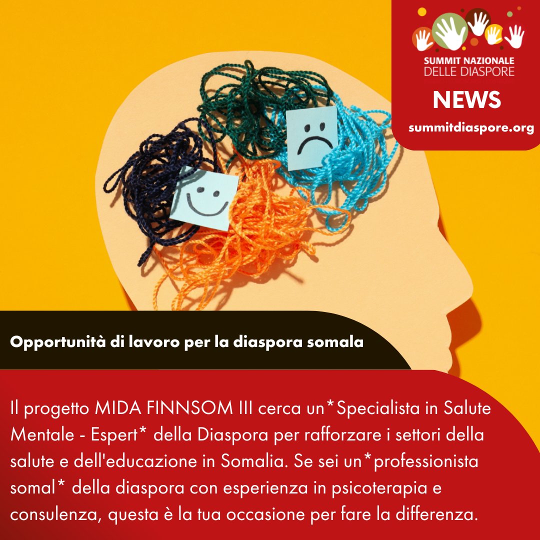 SummitDiaspore's tweet photo. 🌍 Opportunità di lavoro per la diaspora somala! 🇸🇴 Il progetto MIDA FINNSOM III cerca un*Specialista in Salute Mentale - Espert* della Diaspora per rafforzare i settori della salute e dell'educazione in Somalia. 

Info: https://t.co/Hli2uU6Tgk https://t.co/7ugV6uCDmy