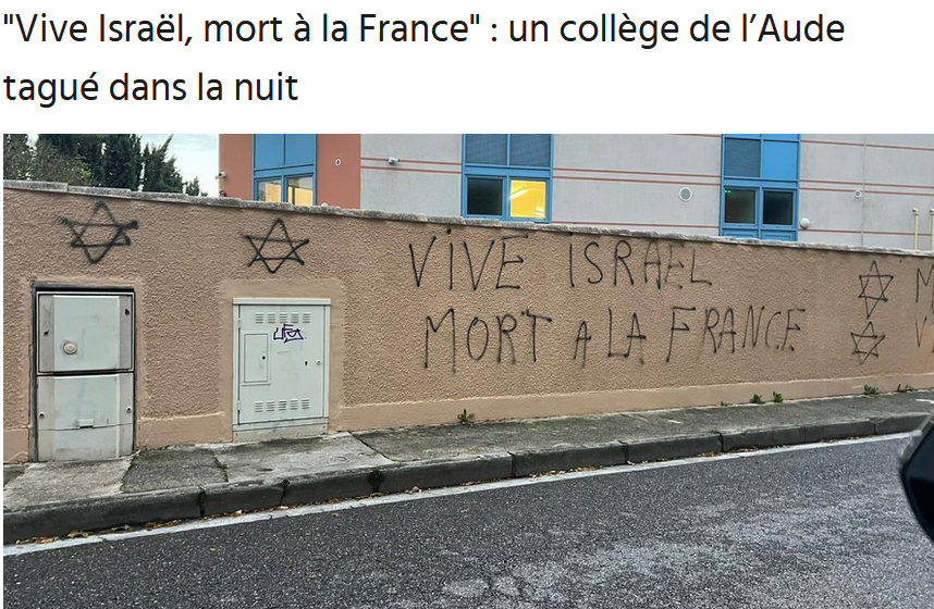 Mustapha_Must_'s tweet photo. Pas un mot dans nos médias.....🤔
"Vive Israël, mort à la France" : un collège de l’Aude tagué dans la nuit......