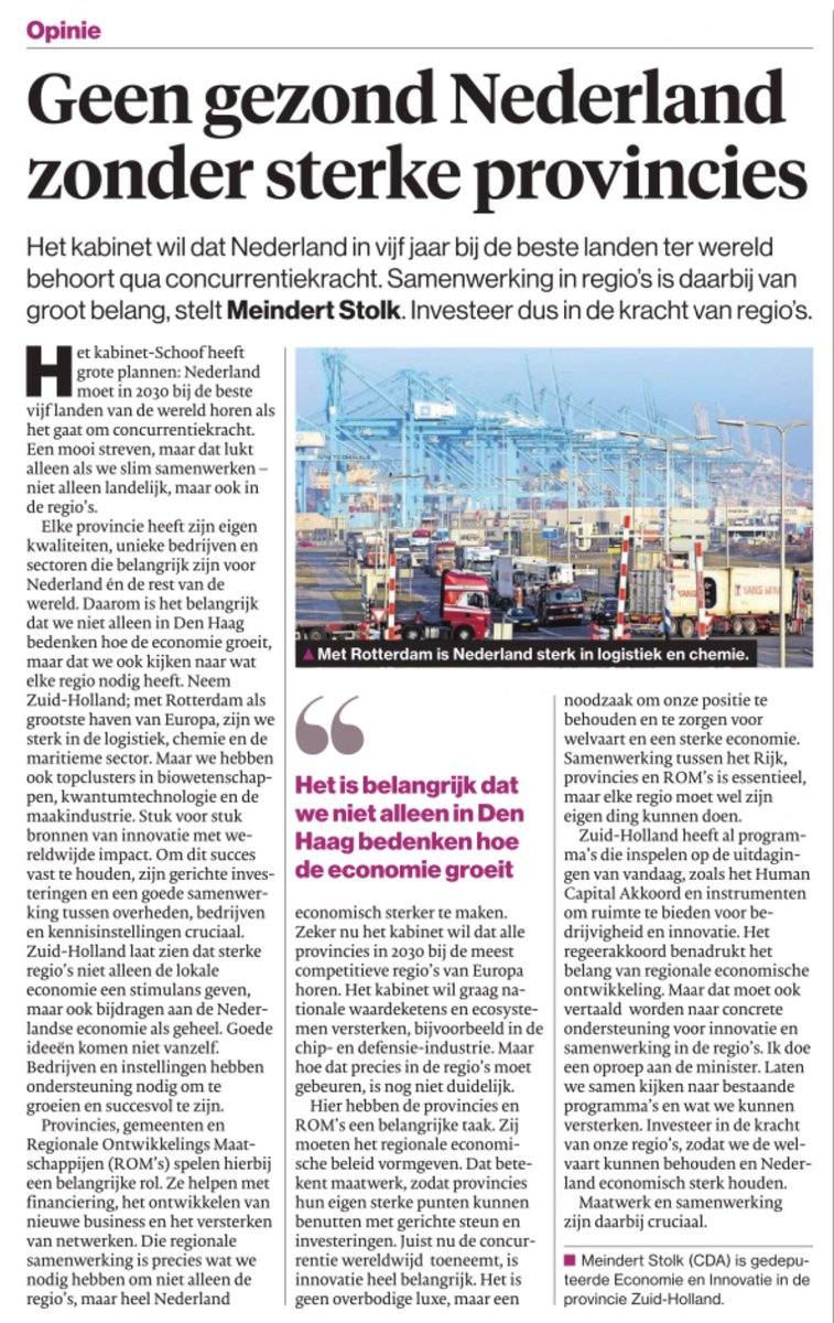 Vandaag in het AD mijn oproep aan minister Dirk Beljaarts: Geen welvarend Nederland zonder sterke provincies. Lees hieronder mijn oproep 👇🏻
#KrachtigZuidHolland #economie #innovatie #samenwerking <a href="/zuid_holland/">Provincie Zuid-Holland</a>