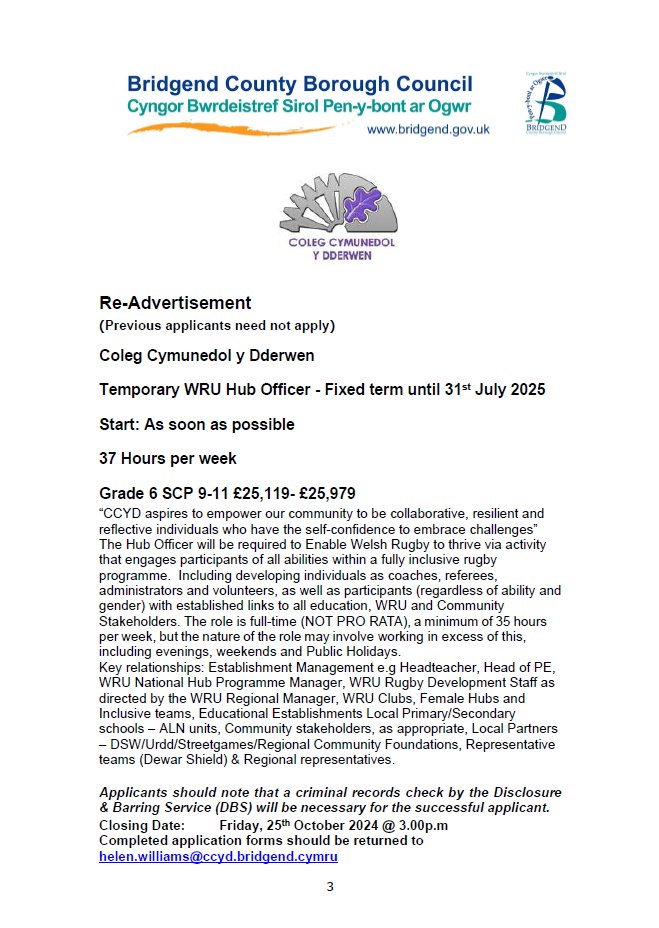 CCYD_school's tweet photo. Temporary WRU Hub Officer Vacancy at CCYD.
Please email helen.williams@ccyd.bridgend.cymru for a job pack / application form. https://t.co/L0uTEy2PeT