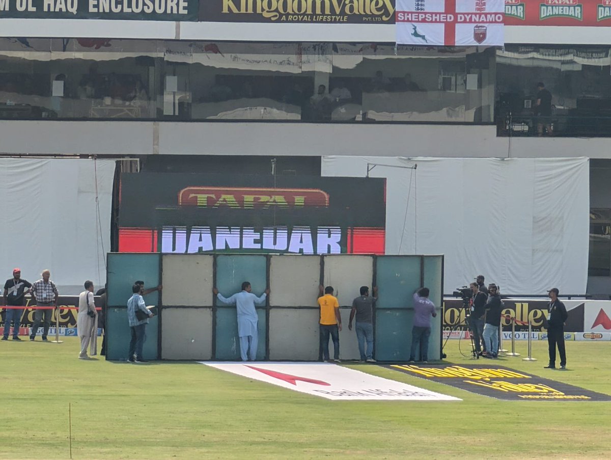 They've got a particularly clever system here in Multan for holding up the advertising boards during the post-match presentations