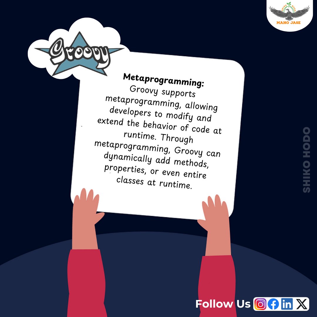 mahojase's tweet image. Tech Imbibing: Day 659
.
.
.
#GroovyLang #GroovyProgramming #GroovyCode #Scriptinglanguage #dynamicallyadd #MetaProgram