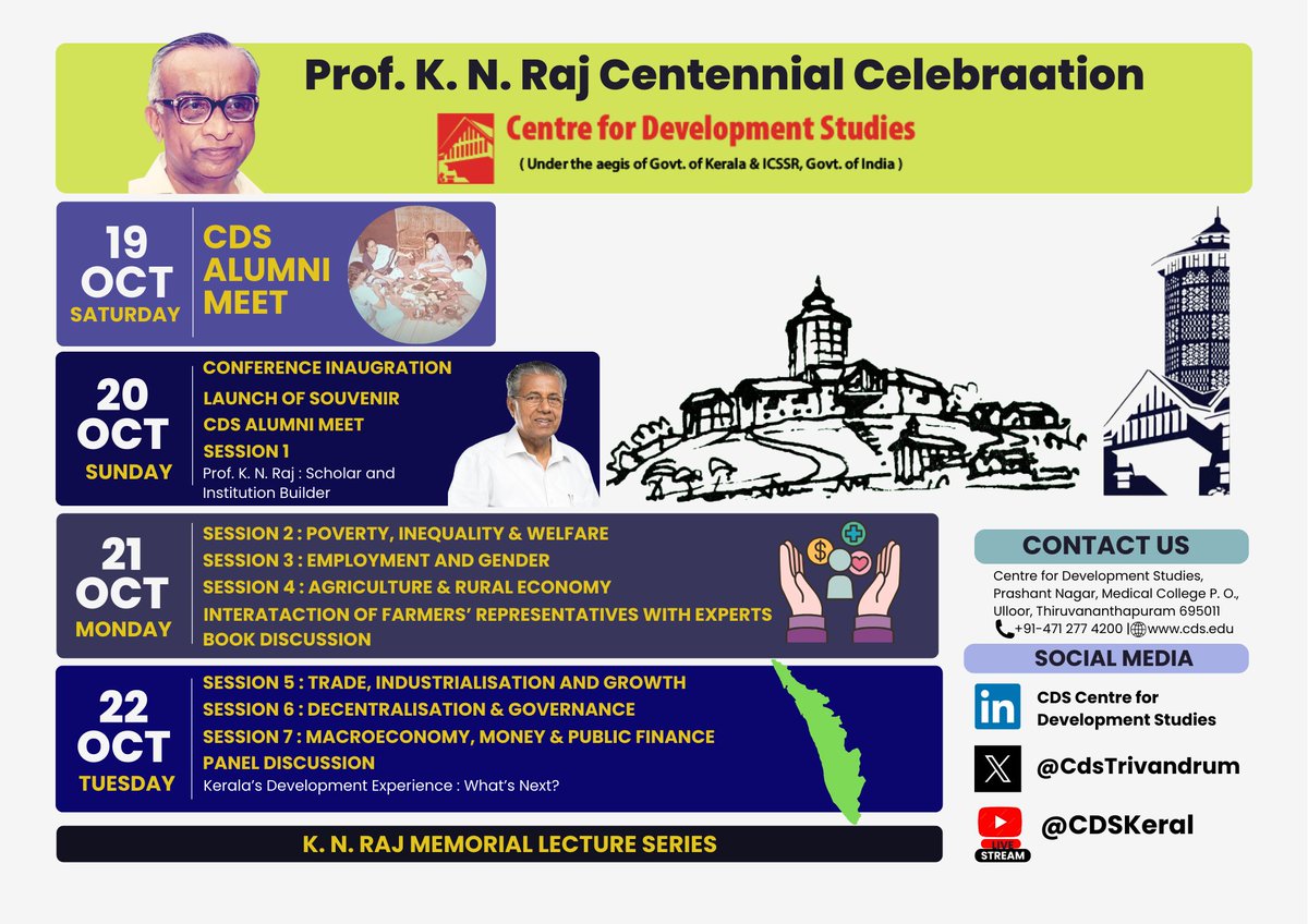 CdsTrivandrum's tweet photo. We are happy to invite you to the K N Raj Centennial Celebrations. It starts tomorrow! You watch the entire event LIVE at https://t.co/pBPmbCZo5v

For detailed Programme schedule: https://t.co/CLFdVuVlOJ https://t.co/IWTy2S8kdx