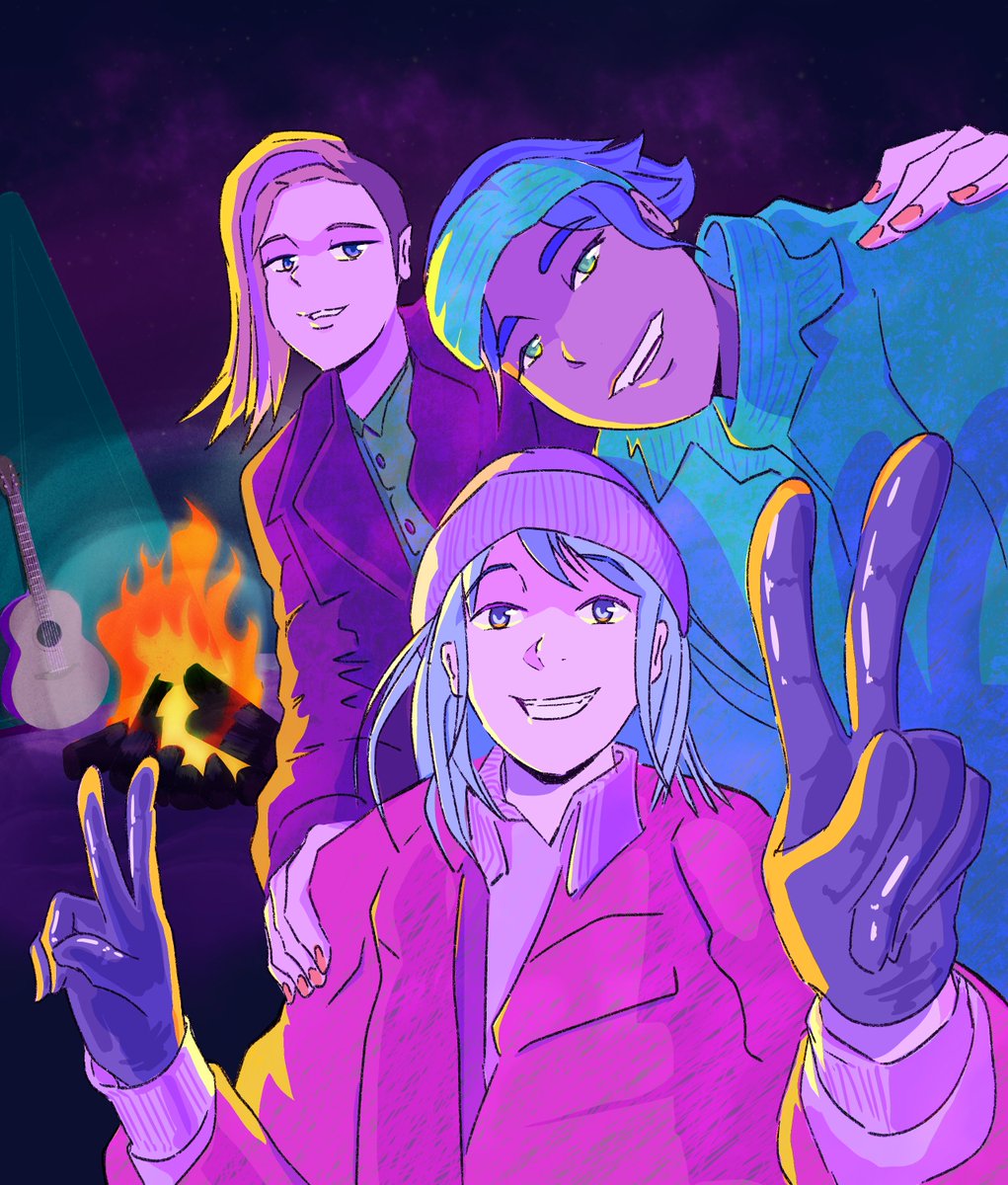 Can’t beat a jam session by the bonfire,
I just met my lead guitarist Hazan &amp; my bassist Duru for our upcoming concert at the overseas. Y'all shall kiss our music soon!
Peace Out,
Kiraz❤️‍🔥
#BuildtheKilnOfficial #BonfireBash
#Webtoon_OC_tober #WebtoonCanvas #DrawWithCanvas #WEBTOON