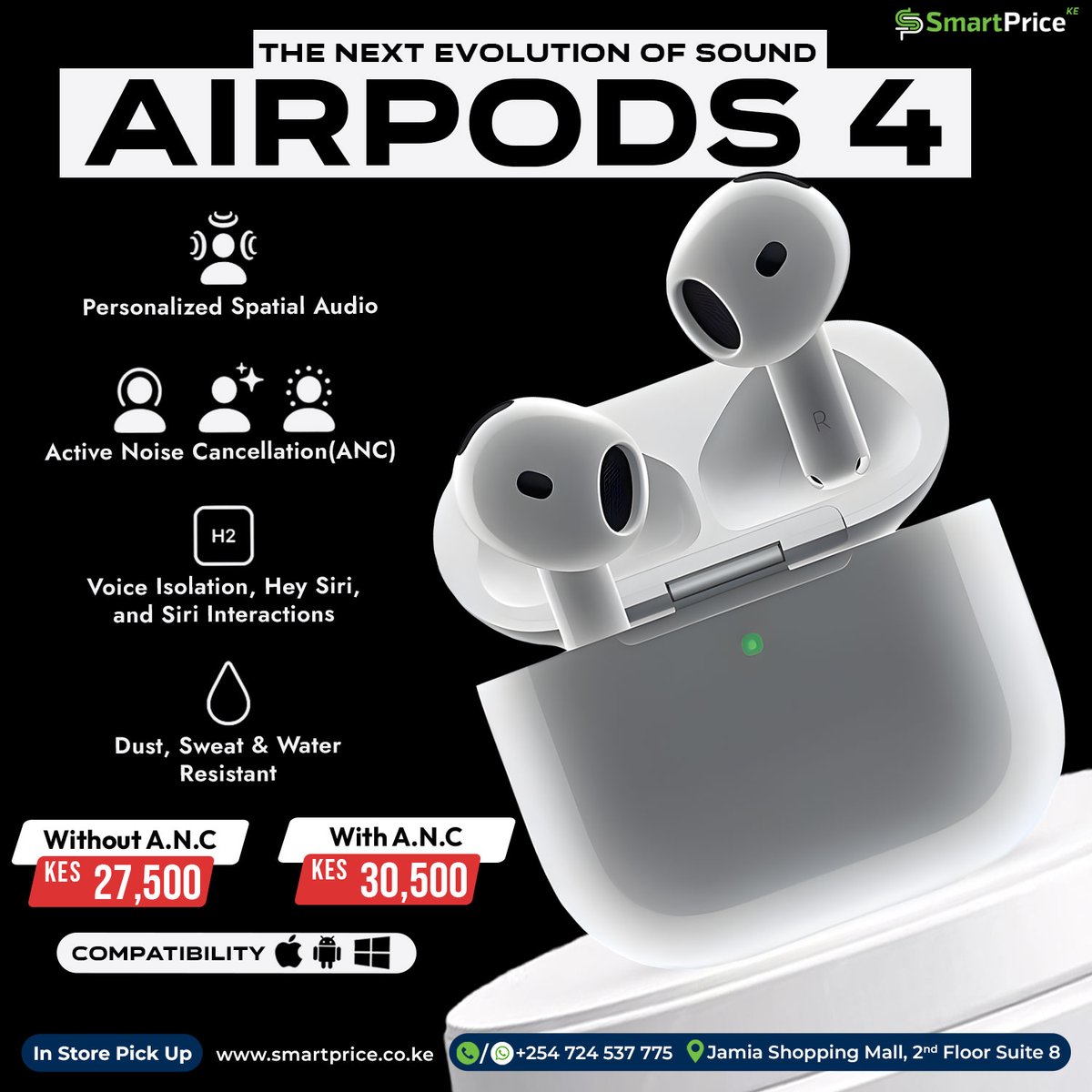 smartpriceke's tweet photo. Redefine your audio experience with Apple AirPods 4. Enjoy all-day comfort, long-lasting battery, noise control, crystal-clear calls, and an immersive studio-quality sound. Grab yours today at @smartpriceke for the best prices.
#Apple #Airpods4 #YourDigitalConnect
☎️Call/WhatsApp Us: 0724 537 775
📨info@smartprice.co.ke
🔗https://t.co/e8P0MsOJq7
📍Jamia Mall, 2nd Floor, Suite 8