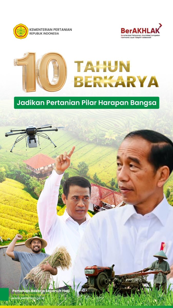 kementan's tweet photo. 1. SobaTani, satu dekade telah kita lalui dengan semangat yang tak pernah padam. Selama 10 tahun kita tumbuh bersama, banyak perubahan nyata bagi ketahanan pangan bangsa. Inovasi teknologi yang telah diterapkan ke petani telah membuahkan hasil. https://t.co/lPt1RRb0qN
