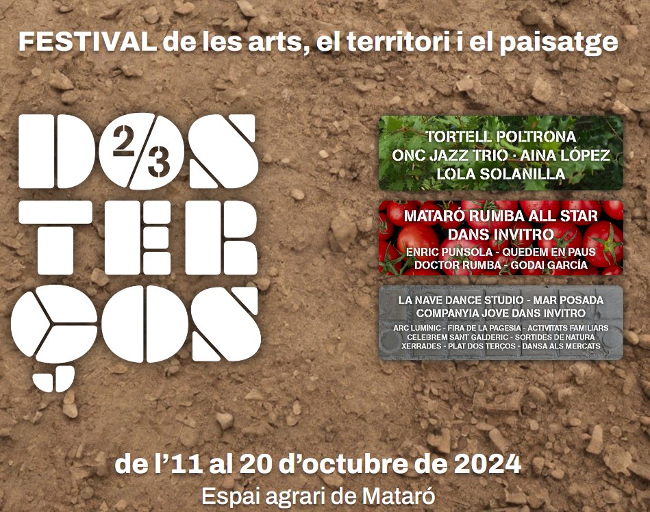 Aquest cap de setmana teniu un munt de propostes en el <a href="/2tersosfestival/">2terços</a>, el festival de les arts, el territori i el paisatge. Hi trobareu instal·lacions artístiques, circ, dansa o una fira de la pagesia, entre d'altres

Més informació del festival 👉 festival2tersos.cat