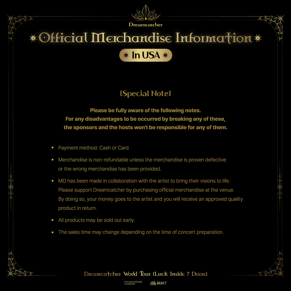 _mymusictaste's tweet photo. 📢 Official Tour Merchandise Information 📢

#InSomnia, Get ready for Dreamcatcher 2024 World Tour [Luck Inside 7 Doors] in USA 🗝️

🛍 Official Tour MD - will be available at the venue on show days!

Don't miss out on your tix! 🤓
Tickets🎫 https://t.co/sEp4dhtiU1
M&G🎟️ https://t.co/IDDCcUFeTV

#드림캐쳐 #Dreamcatcher
#2024WorldTour 
#LuckInside7Doors