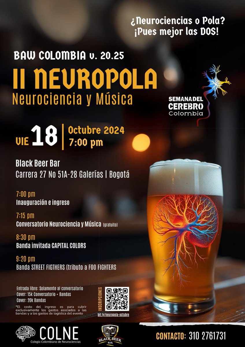NeuroTales's tweet photo. 🍻🎶🧠🎶🧠 Tod@s invitados a la II Neuropola v.20.25 "Neurociencia y Música"! Acompáñanos este viernes 18 de octubre en este evento organizado por BAW Colombia disfrutando de ciencia, música y una pola. 🍺😉 Inscripciones: https://t.co/mLI1gssWW7 
RT! https://t.co/QfQpok9qJr