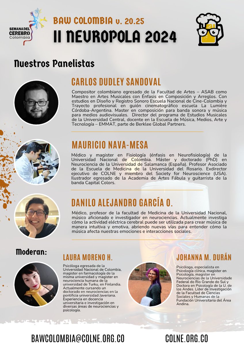 NeuroTales's tweet photo. 🍻🎶🧠🎶🧠 Tod@s invitados a la II Neuropola v.20.25 "Neurociencia y Música"! Acompáñanos este viernes 18 de octubre en este evento organizado por BAW Colombia disfrutando de ciencia, música y una pola. 🍺😉 Inscripciones: https://t.co/mLI1gssWW7 
RT! https://t.co/QfQpok9qJr