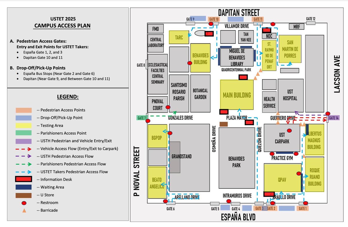 TomasinoWeb's tweet photo. GOOD LUCK, FUTURE THOMASIANS! 🐯

LOOK: The University released an on-campus access map for USTET takers in preparation of the first batch of the examinations on Sunday, Oct. 20.

(Photo from the University of Santo Tomas Facebook page) https://t.co/ktGdb9Lsae