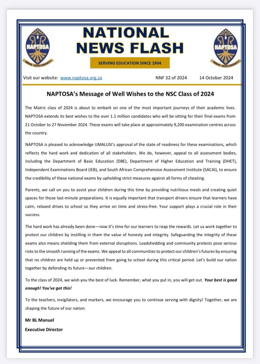 NAPTOSA_TEACH's tweet image. Well wishes to the NSC class of 2024! #youvegothis #servewithintegrity #servewithdignity #ProudlyNAPTOSA #NaptosaCares
