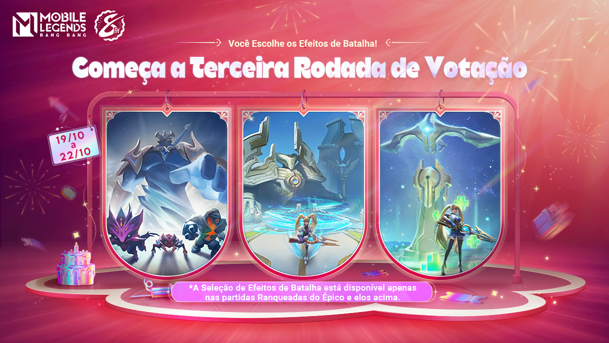 MLBBBR's tweet photo. A votação para a Seleção de Efeitos de Batalha começou! Estamos trazendo 3 efeitos por tempo limitado. Escolha o que você mais gosta!

Escolha entre: Resposta Rápida, Torre de Cura e Super Escolta

#MobileLegendsBangBang
#MLBB8th https://t.co/aPC7dYcHpp