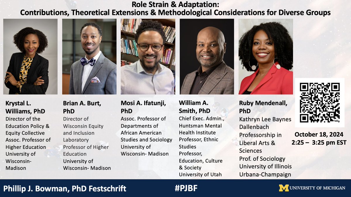 Excited to moderate this panel of friends, mentors &amp; colleagues, &amp; also learn about future directions for work concerning role strain &amp; adaptation in education. Please feel free to participate virtually. #ScholarGrind #PJBF #GoBlue

<a href="/CSHPE/">CSHPE</a> <a href="/UMich/">University of Michigan</a> <a href="/UMichEducation/">U-M Marsal Family School of Education</a> <a href="/UMichNCID/">National Center for Institutional Diversity</a>