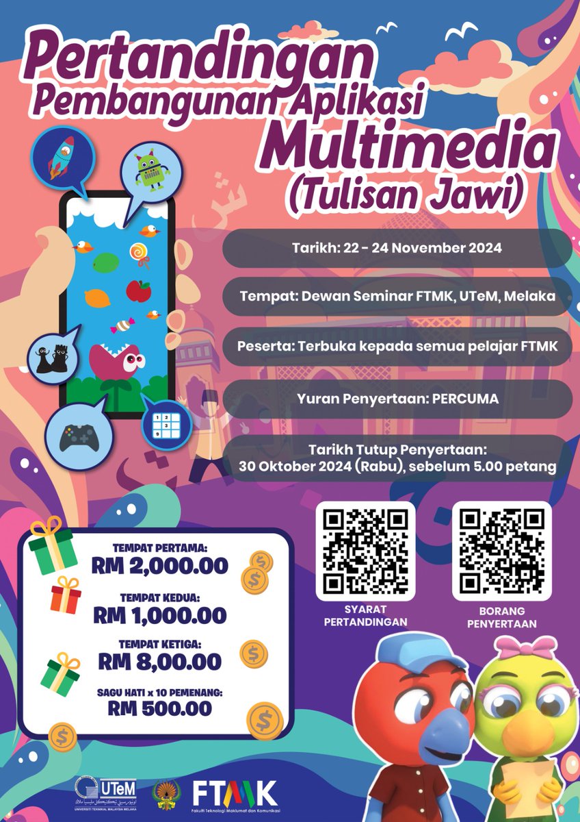[Pertandingan Pembangunan Aplikasi Multimedia (Tulisan Jawi)
Assalamualaikum dan Salam Sejahtera
Di jemput semua mahasiswa dan mahasiswi FTMK untuk menyertai pertandingan anjuran FTMK dan DBP.
